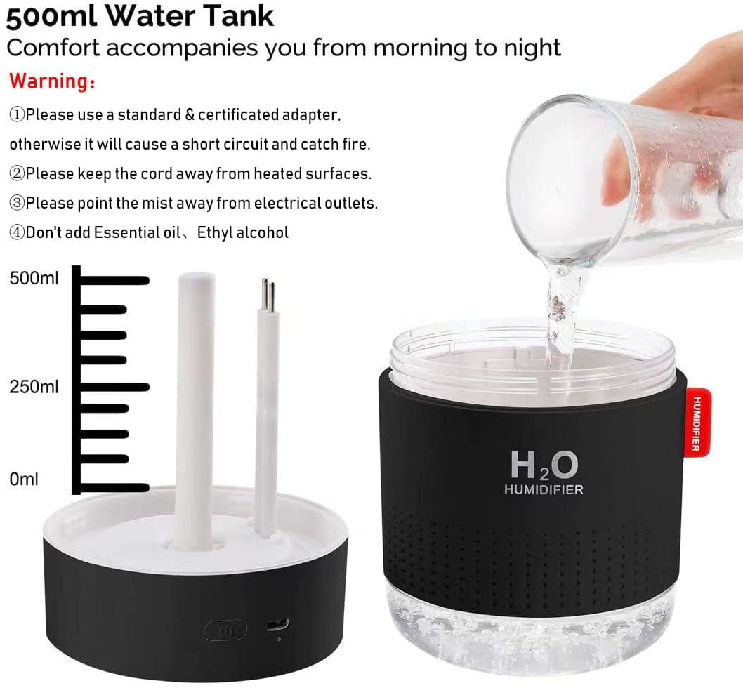 Portable Mini Cool Mist Humidifier, 500ml USB Personal Desktop Humidifier for Baby Bedroom Travel Office Home, Auto Shut-Off, 2 Mist Modes, Super Quiet (Black)