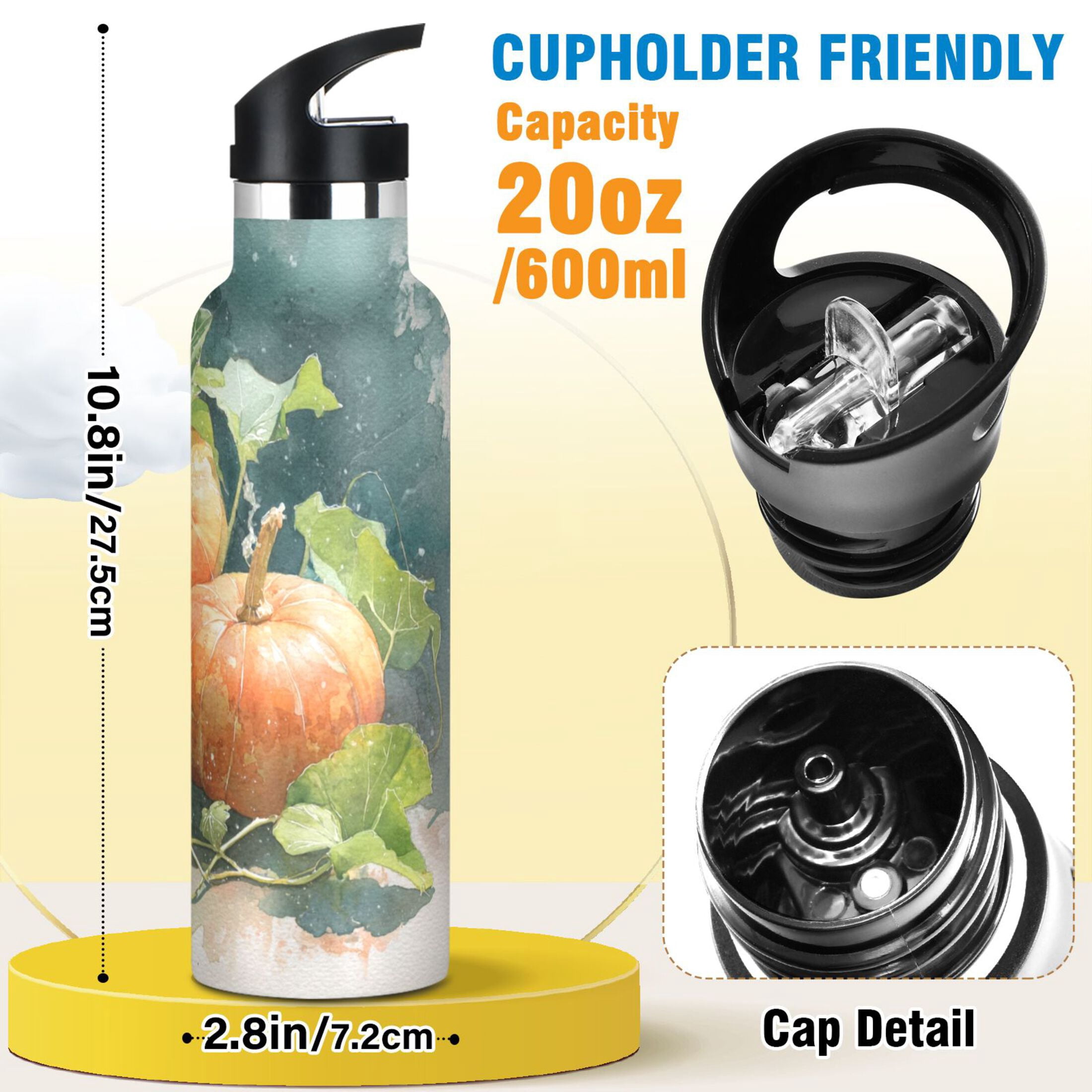 Kids Insulated Stainless Steel Sports Water Bottle 600ml (20oz) Orange and White Pumpkins