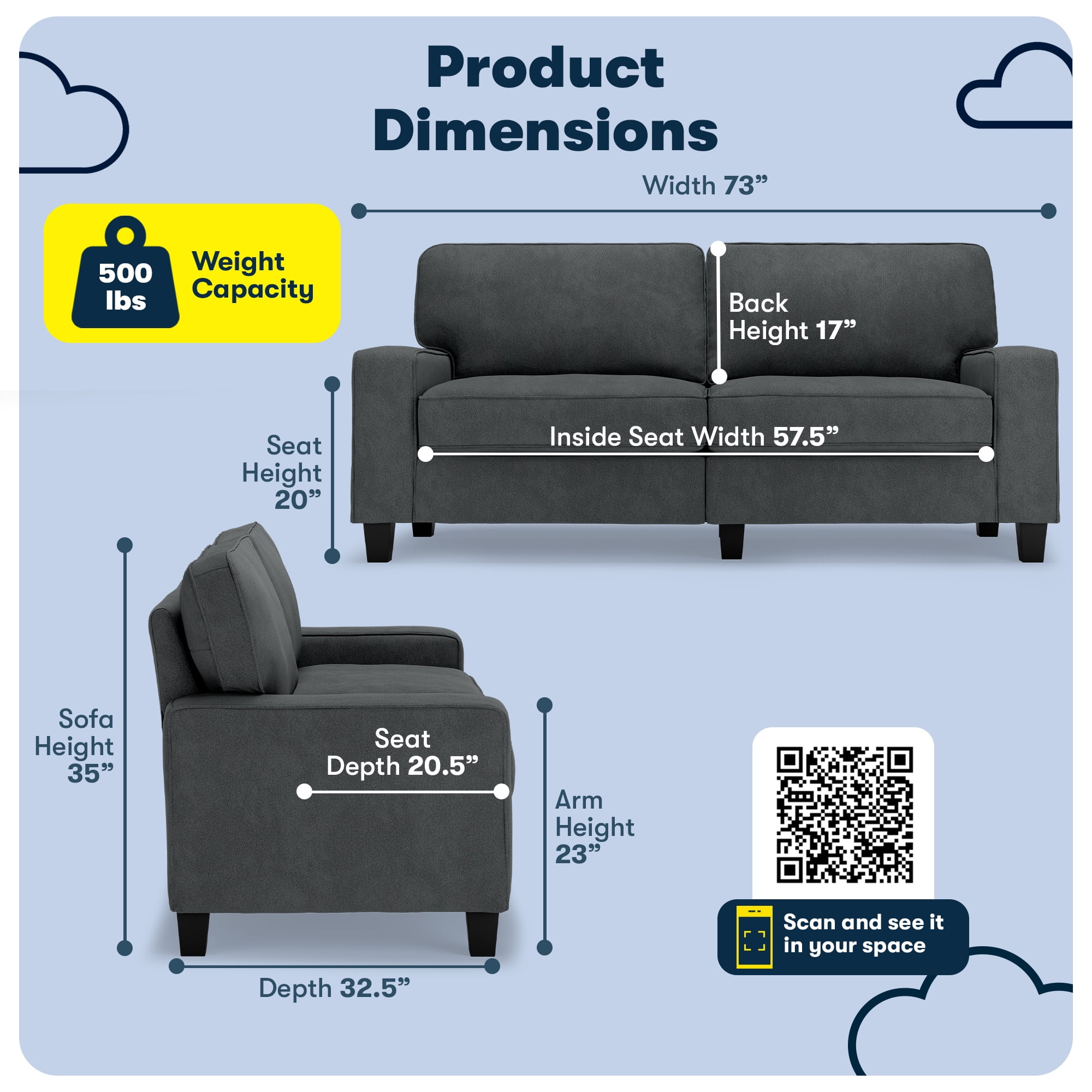 Serta Palisades 73" Track Arm Sofa, Easy Care Polyester, Loveseat or Couch for Small Spaces, Charcoal