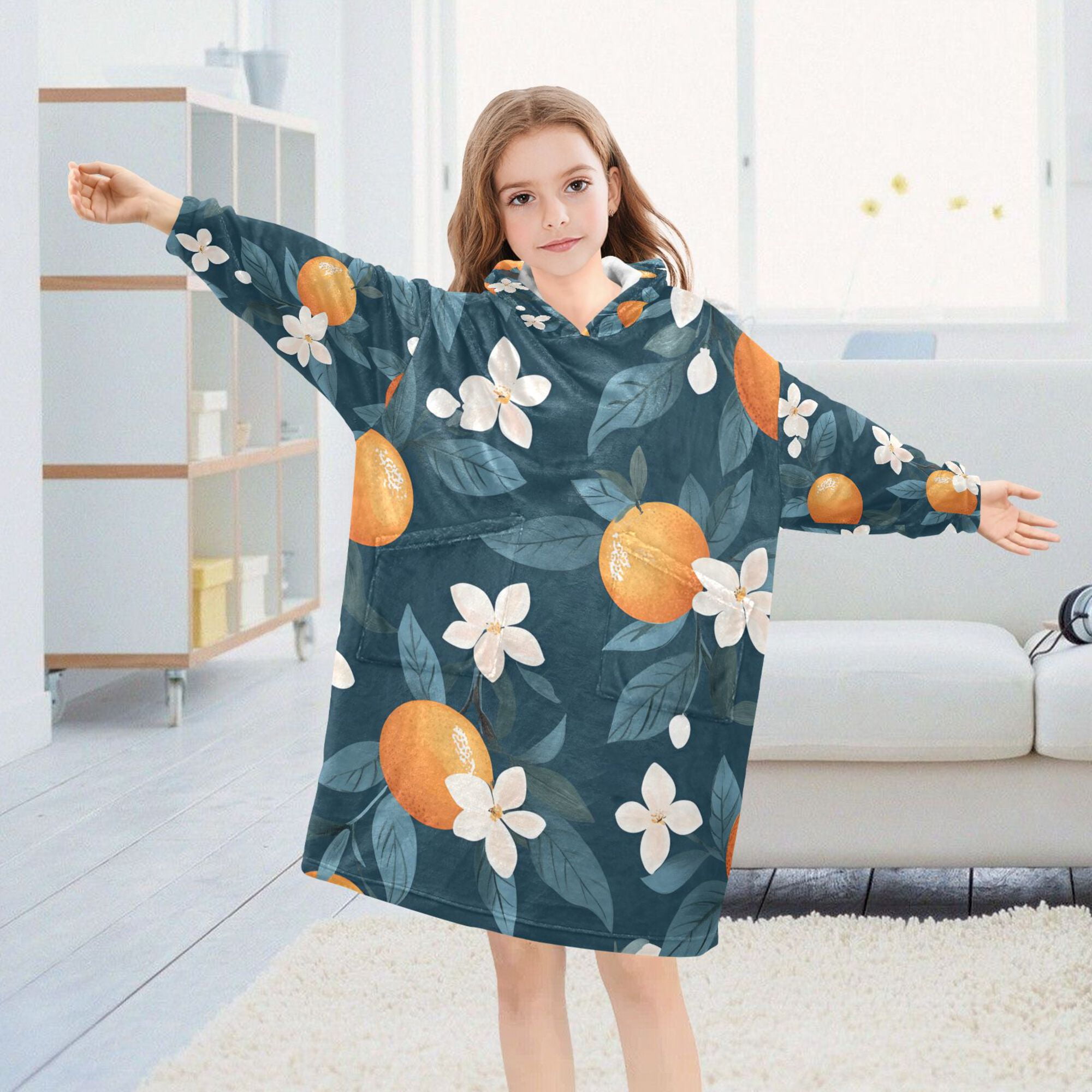 FORMRS Wearable Blanket Hoodie with Sleeves for Kids Cozy Flannel Sweatshirt, Oranges Pattern