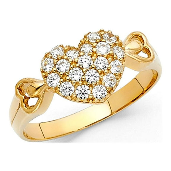 14k Yellow Gold CZ Heart Ring Love Band Promise Ring Diamond Cut Pave Set Polished Fancy Size 7