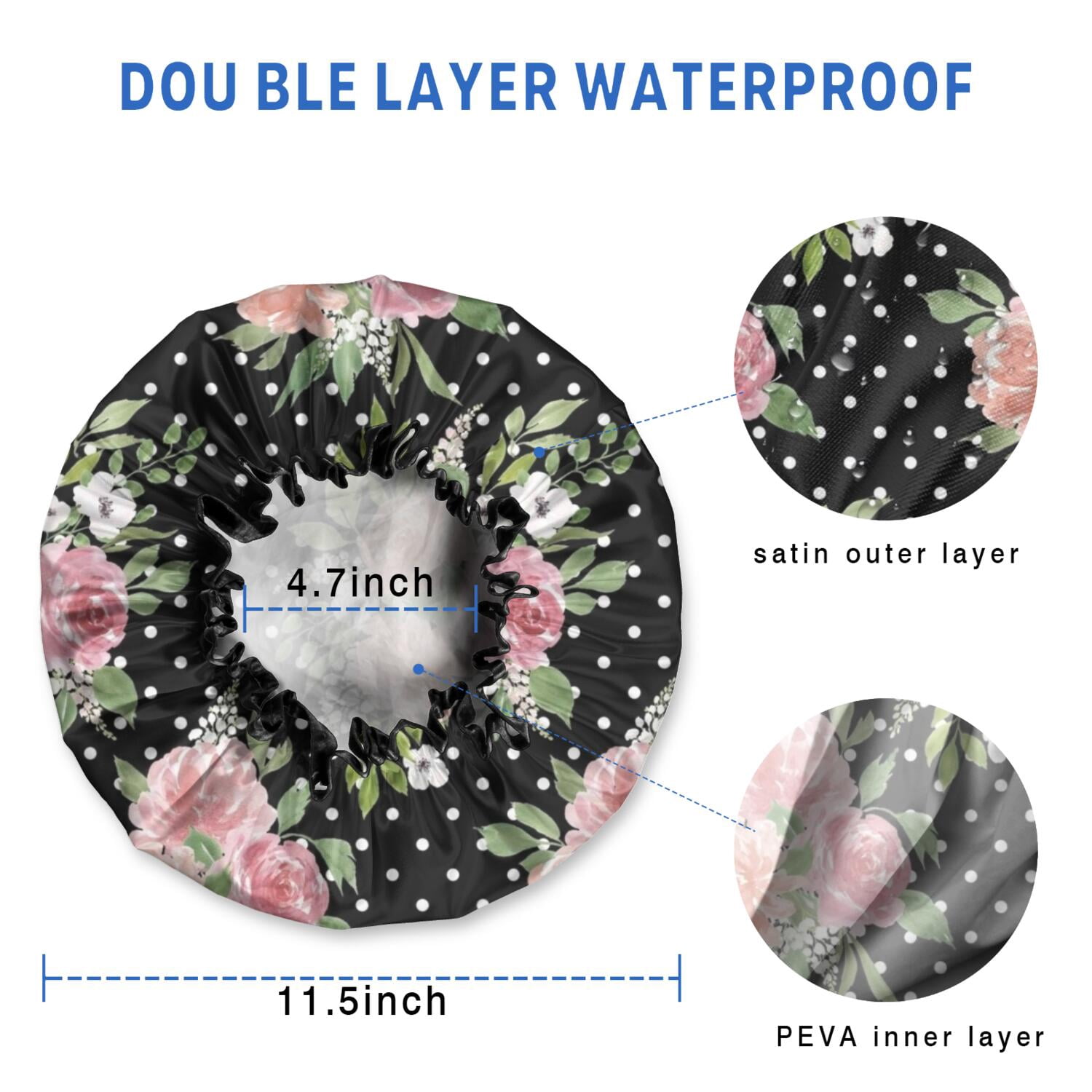 Shower Caps,Pioneer Flower Floral Print Pattern Waterproof Shower Cap for Women 4 Pieces,Double Reusable Hair Cover for Shower PEVA Elastic Stretch Hem