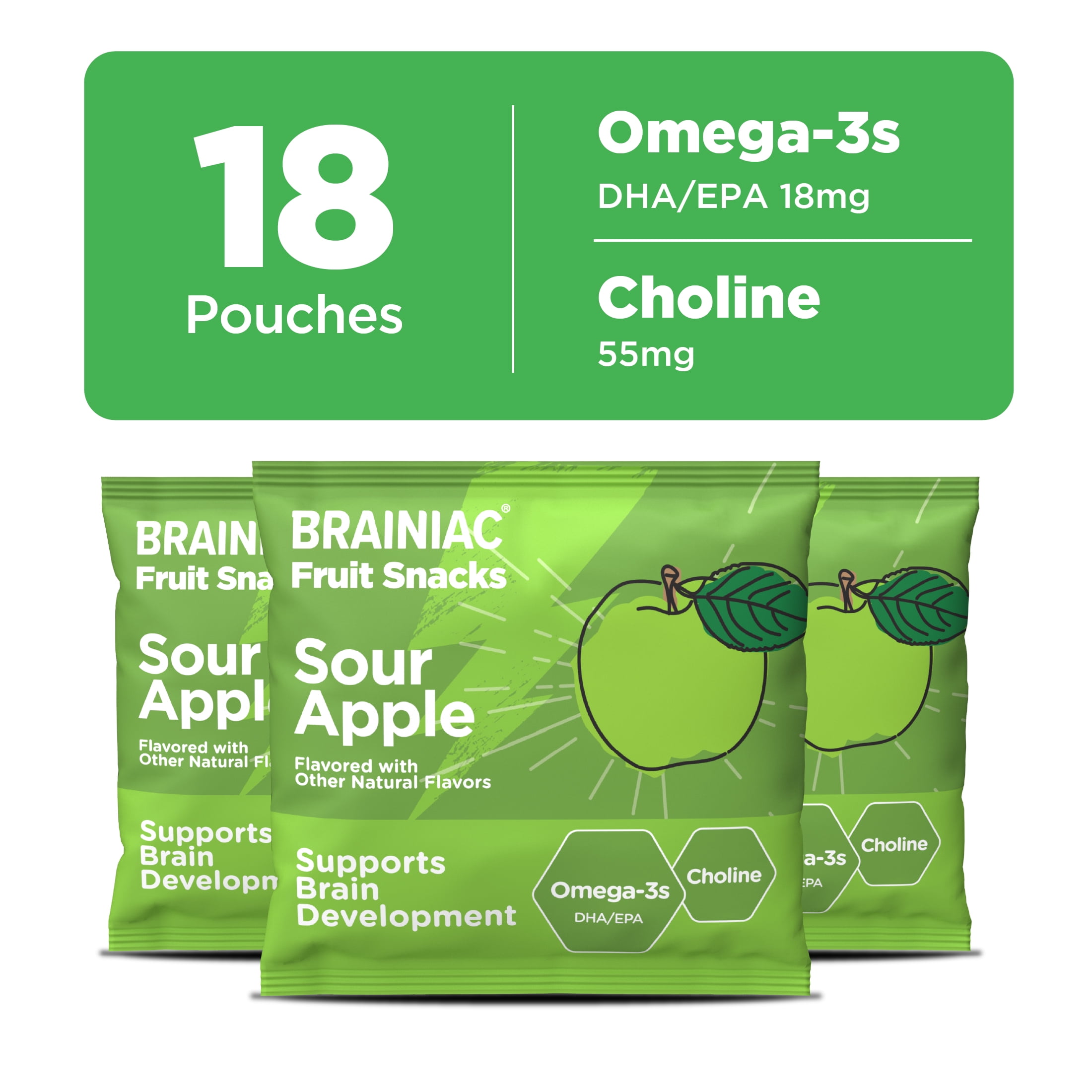 Brainiac Fruit Snacks with BrainPack, 'Mega Apple Flavor, 72 Count
