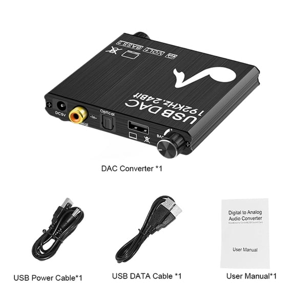 USB DAC 192kHz 24Bit Digital to Analog Converter with Bass&Volume Control Coaxial Toslink Stereo L/R RCA