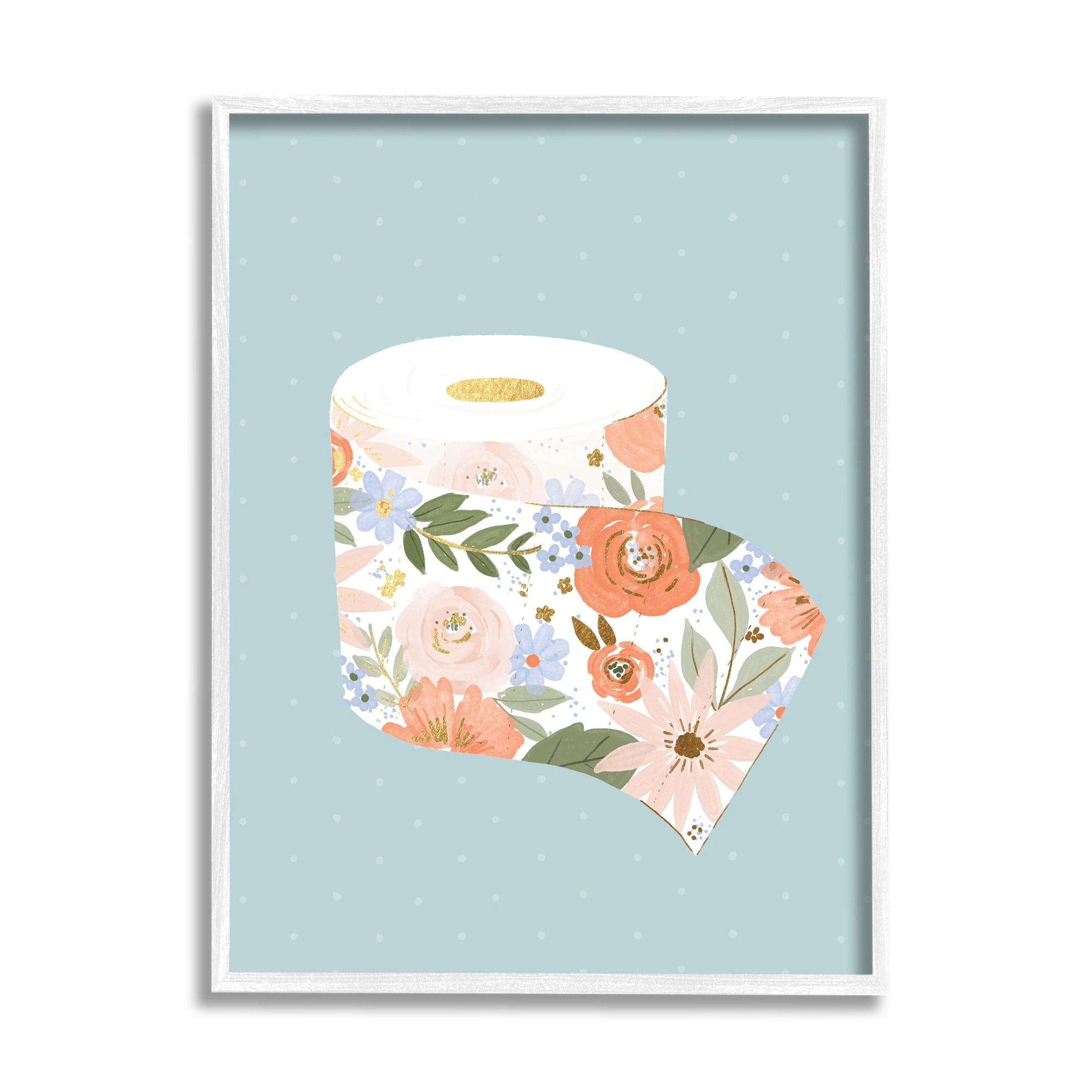 Stupell Industries Spring Floral Print Toilet Paper over Blue Painting Framed Art Print Wall Art, 24x30, By Loni Harris