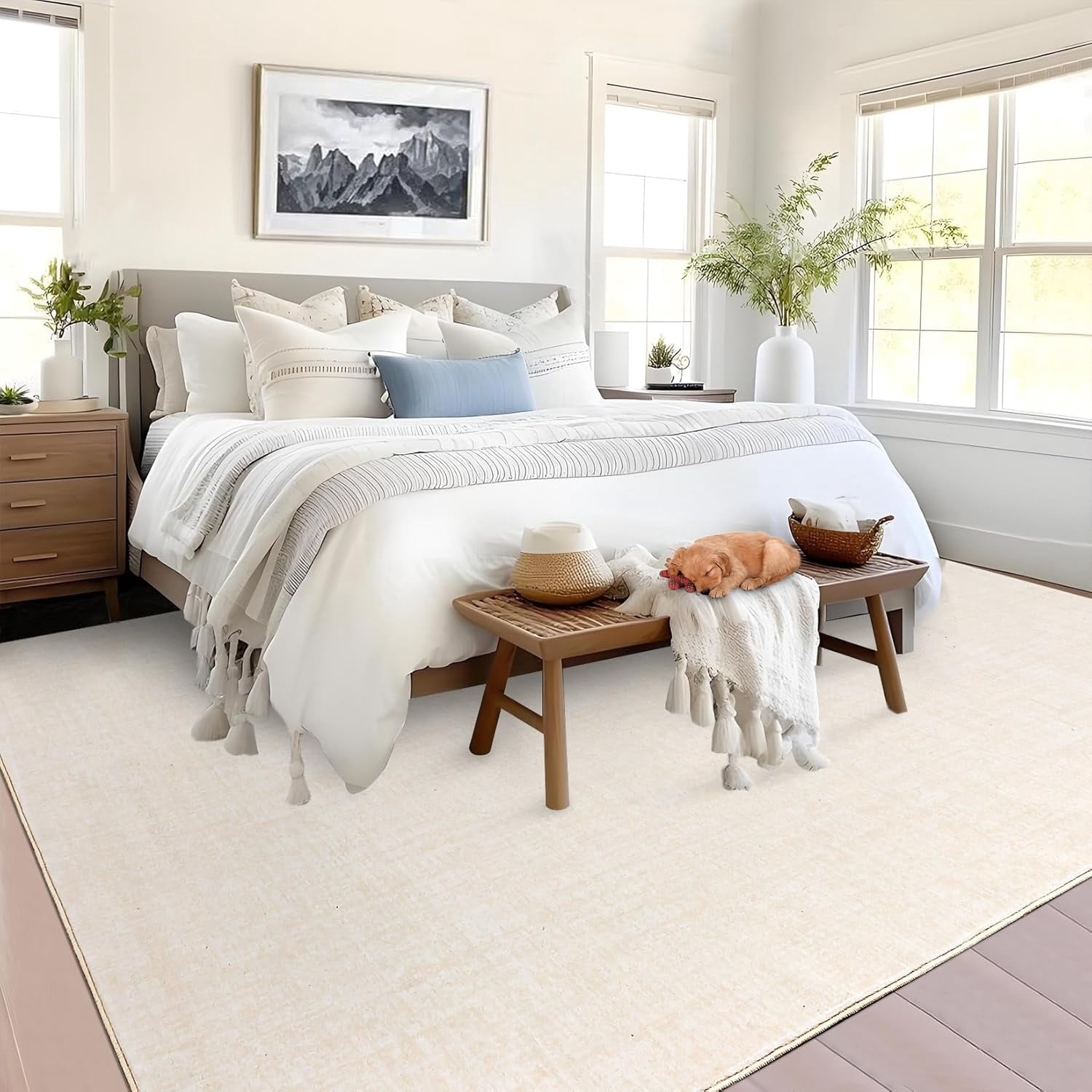 Memoryfield 9' x 12' Washable Area Rug, Stain-Resistant Low Pile Non Slip Carpet, Floor Mat for Living Room Bedroom Home Office, Beige