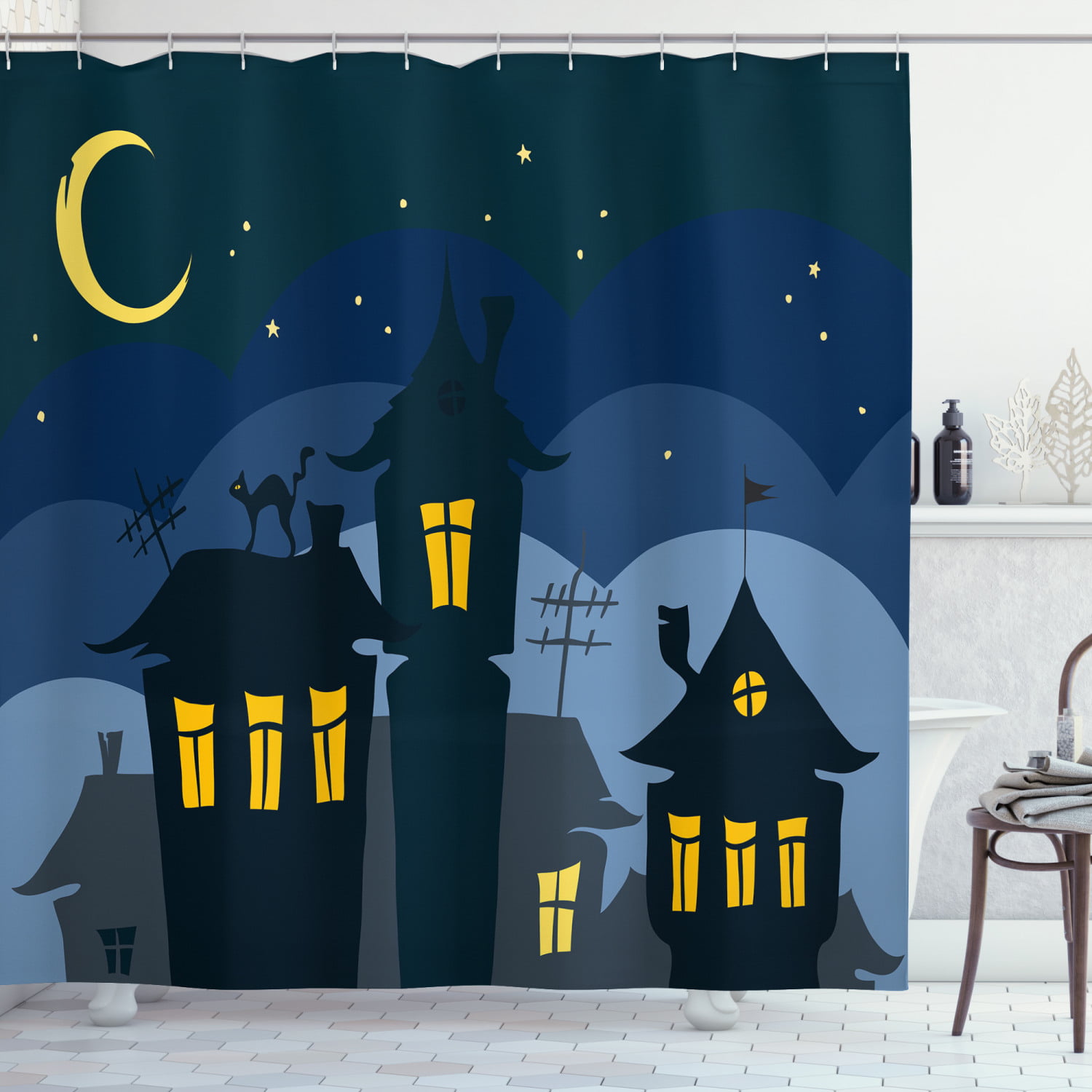 Halloween Shower Curtain, Old Town with Cat on the Roof Night Sky Moon and  Stars Houses Cartoon Art, Fabric Bathroom Set with Hooks, 69W X 75L Inches  Long, Black Yellow Blue, by
