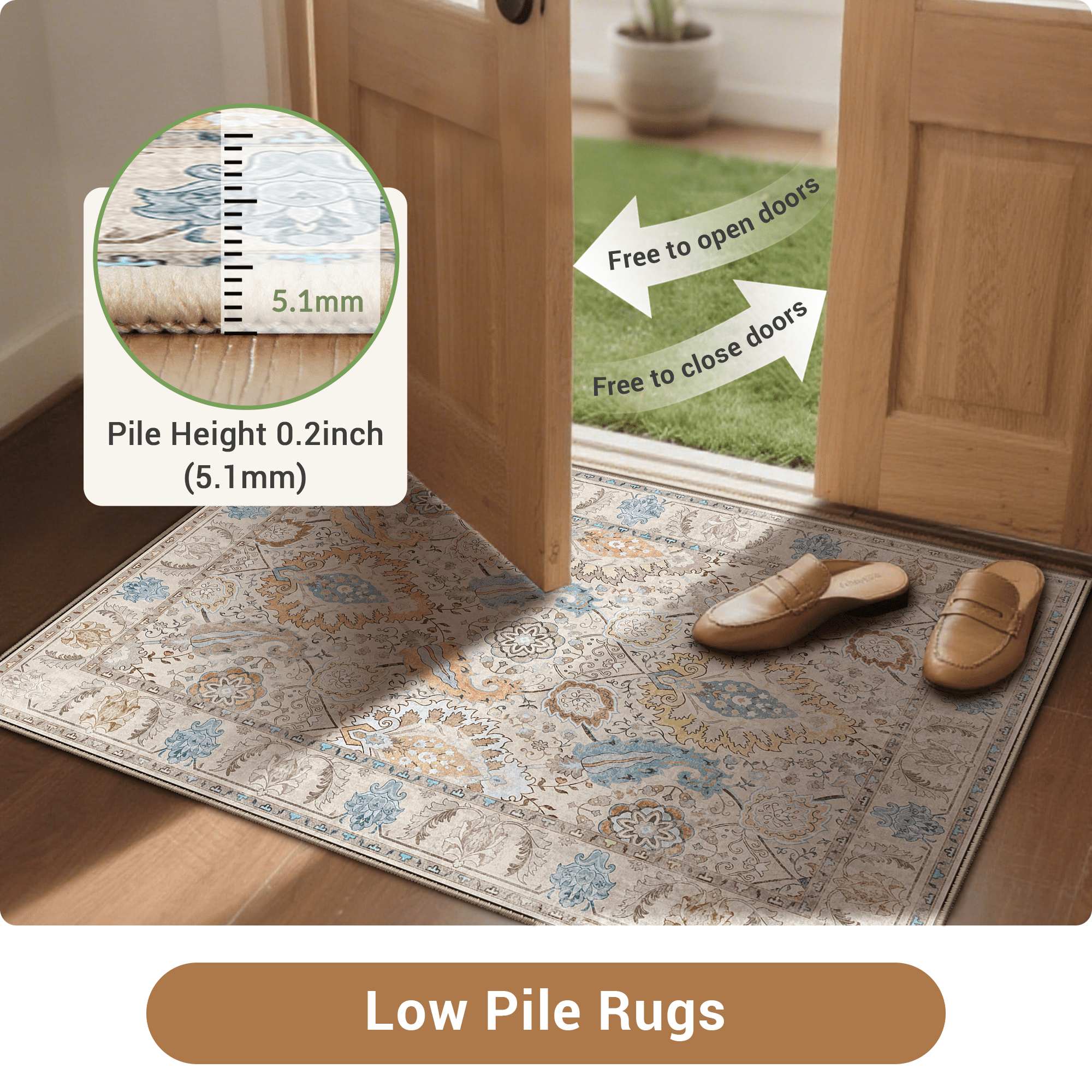NewBuros Area Rugs 5'x7' Washable Non-Slip Boho Rugs, Soft Stain Resistant Low Pile Print Indoor Carpet for Living Room Bedroom Dining Room, Cream