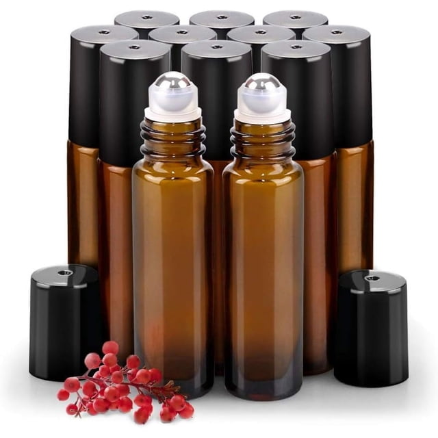 Paquete de 12 botellas con rodillo de aceite esencial de acero inoxidable, botellas con rodillo de vidrio ámbar de 10 ml con tapas para viajes, perfume y brillo de labios