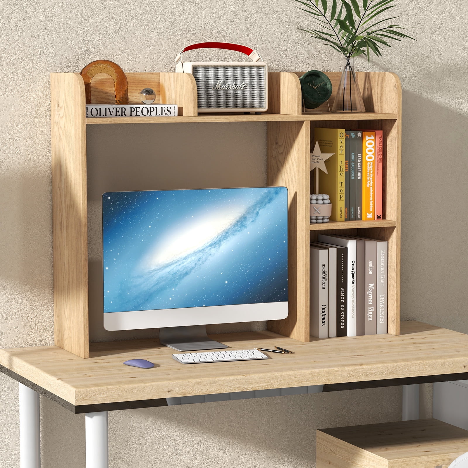 Giantex Desk Bookshelf, Wood Desk Hutch w/5 Shelves, Computer Table Display Rack, Organizer Shelf for Dorm Office Home, Natural