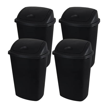 13 Gallon Garbage Can with Lid, Plastic Kitchen Trash Can, 4 Pack, Black