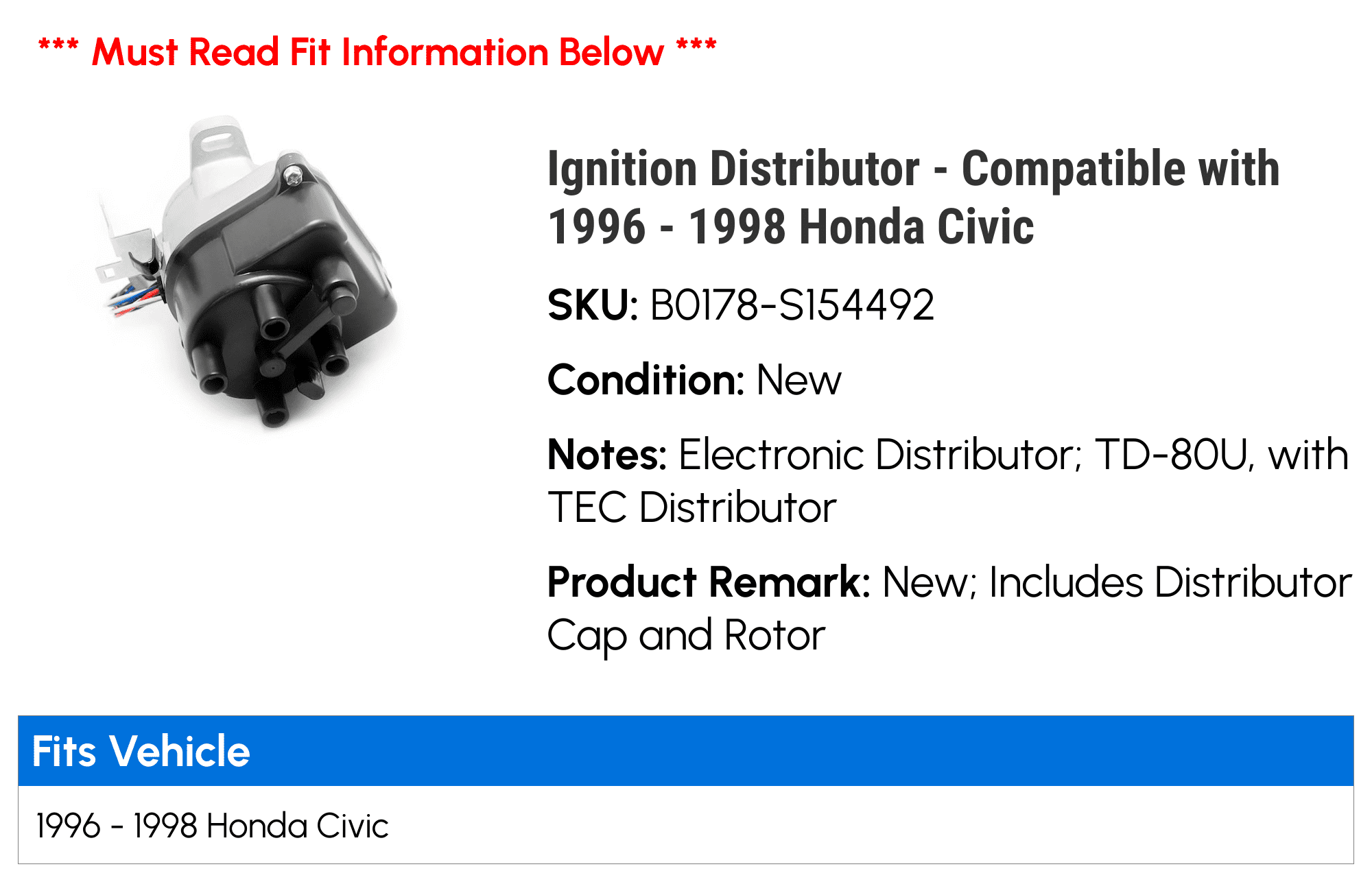 Ignition Distributor - Compatible with 1996 - 1998 Honda Civic 1997