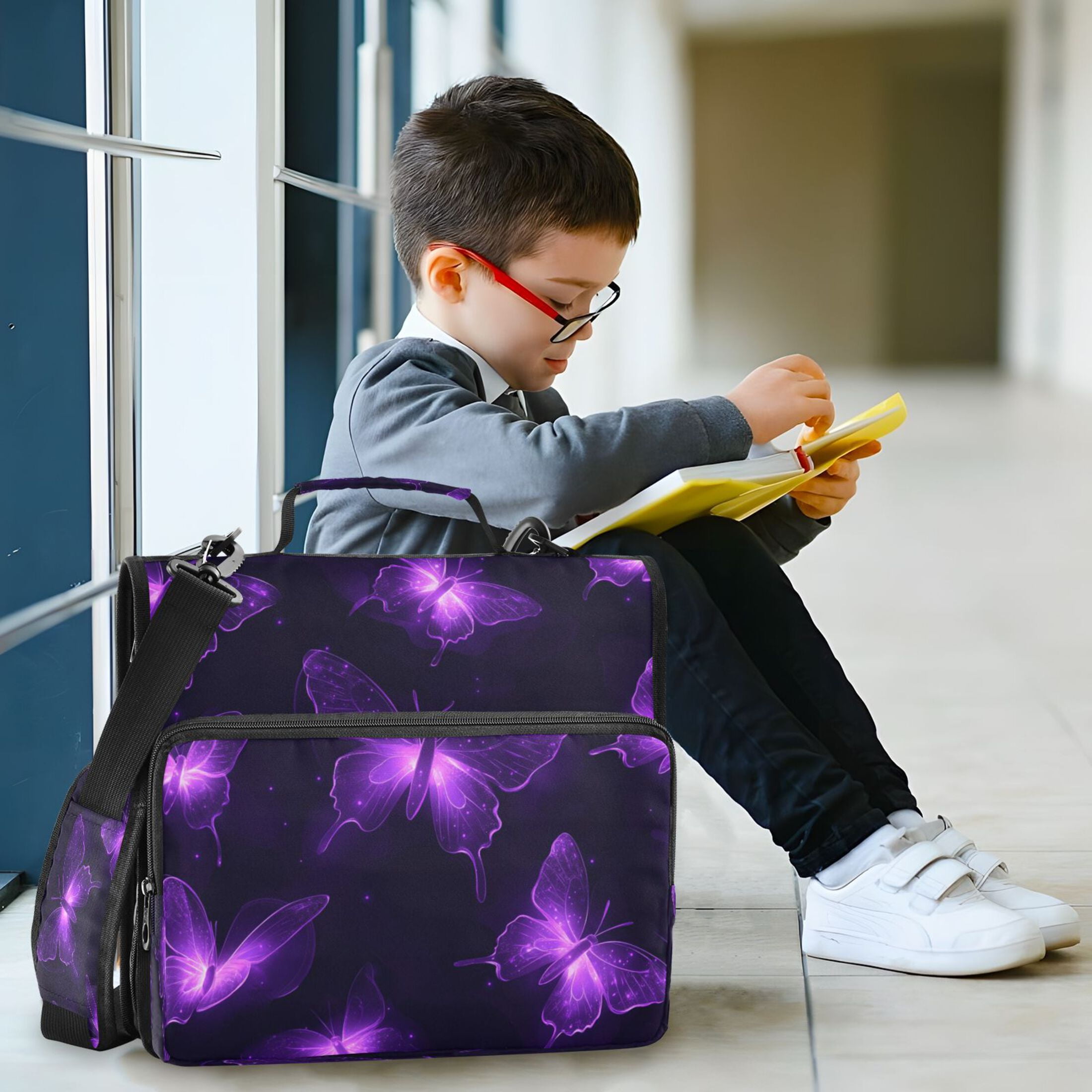 Water-Resistant 3-Ring Binder Organizer with Multiple Pockets Zipper Binder Bag for Office Glowing Butterflies Pattern