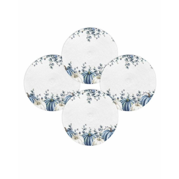 Fall Round Placemats Set of 4 White Blue Pumpkin Place Mats Thanksgiving Woven Placemat Flower Eucalyptus Leaves Circle Braided Table Mat for Kitchen Dining Table Autumn Party Home Decor 15 Inch