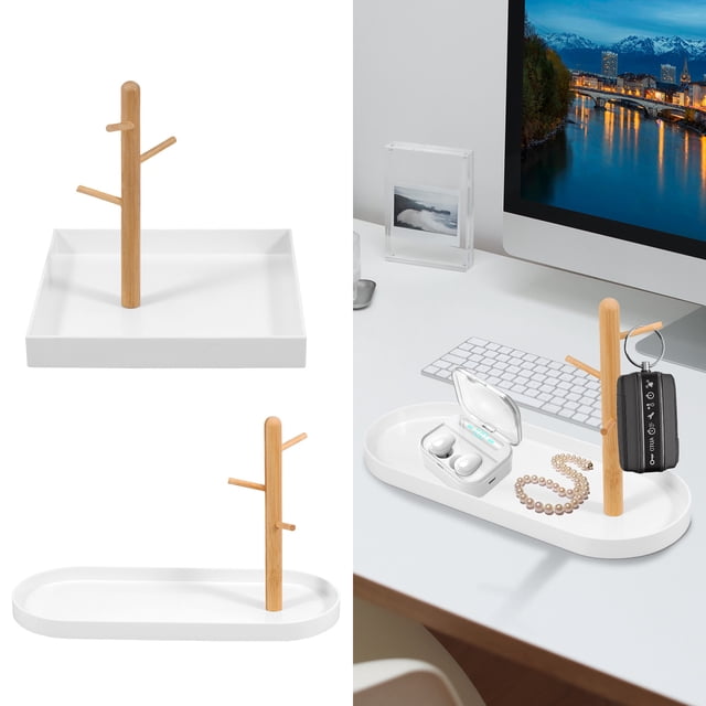 Eummy Bandeja para Llaves Jewelry con Organizador Hanging de Madera de 3 Niveles - Bandeja de Entrada Multifuncional Perfecta para Llavero, Cuenco, Soporte para Valet, Soporte para Correo, Organizador de Platos Jewelry (Blanco, Ovalado)