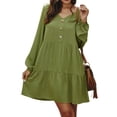 thumbnail image 2 of Vestido de mujer con cuello en V, manga larga, suelto, ropa de otoño, color sólido, con botones de cintura alta, verde militar, S Monstrate AP003891-05, 2 of 6