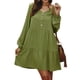 thumbnail image 2 of Vestido de mujer con cuello en V, manga larga, suelta, ropa de otoño, color sólido, con botones de cintura alta, verde militar, M Kearding AP003891-06, 2 of 6