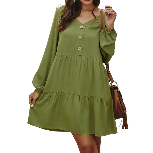 Vestido de Mujer Jumpingount Cuello en V Manga Larga Color Sólido Verde Militar S
