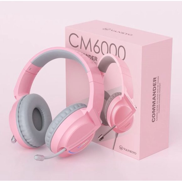 VANKYO CM6000 Gaming Headset, PC Gaming Headphone with Microphone, 7.1 Surround Sound, Noise Isolation, Comfortable Earmuffs, LED Lights, Pink