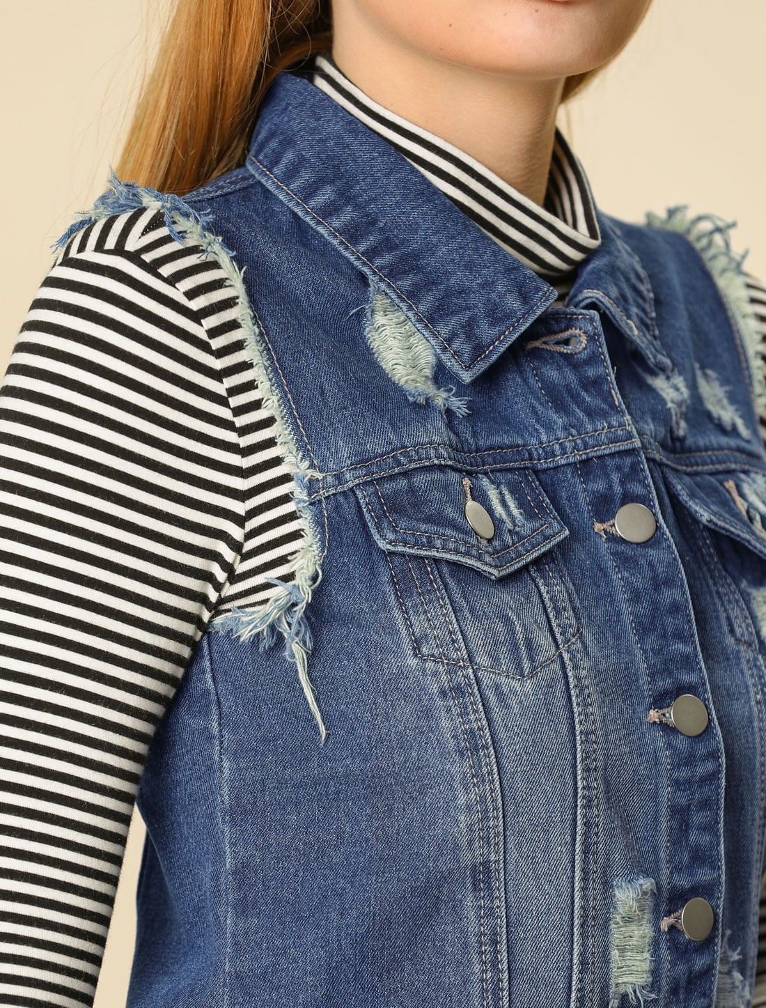 DARING DIVA Women's Denim Vests Collared Washed Distressed Jean Vest L Blue