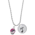 thumbnail image 1 of Delight Jewelry Silvertone Wide Hot Pink Zebra Print Band Spinner Silvertone Script Initial Disc - T - Charm Necklace, 20"+3", 1 of 4