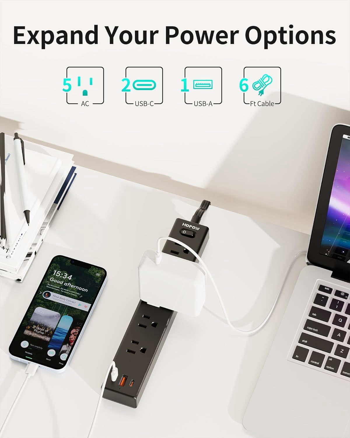 Flat Plug Power Strip, 6 Ft Ultra Thin Extension Cord, Sur Protector with 5 Outlets & 3 USB Ports (2 USB C), 1700 Joules, Wall Mount, Desktop Charging Station for Home Office Dorm, Black