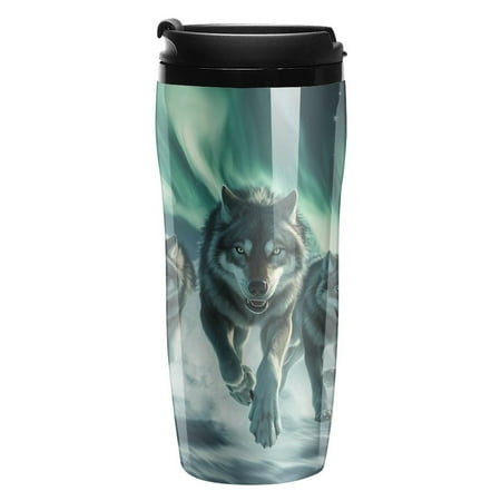 

Wolves And Aurora Travel Coffee Tumbler Reusable Cup for Coffee or Tea Portable Cup Holder Friendly for Hot or Cold Drinks 350ml