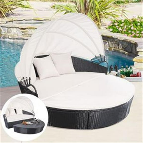 Outdoor Wicker Rattan Round Sofa Retractable Canopy Daybed - Black