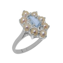 LBG British Made 925 Sterling Silver Natural Aquamarine & Cultured Pearl Womens Statement Ring - 33 size options - Size 10