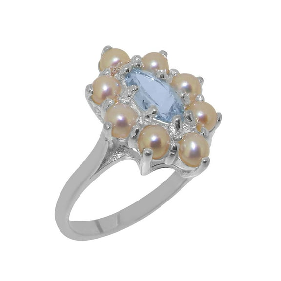 LBG British Made 925 Sterling Silver Natural Aquamarine & Cultured Pearl Womens Statement Ring - 33 size options - Size 10