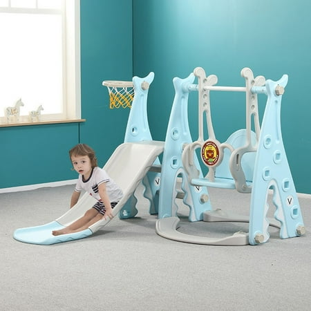 Cwcwfhzh Kids Swing and Slide Set with Basketball Hoop,4-in-1 Playing Climber Sliding Playset for Indoor and Outdoors,Easy Set Up Baby Game Center for Backyard(Blue)
