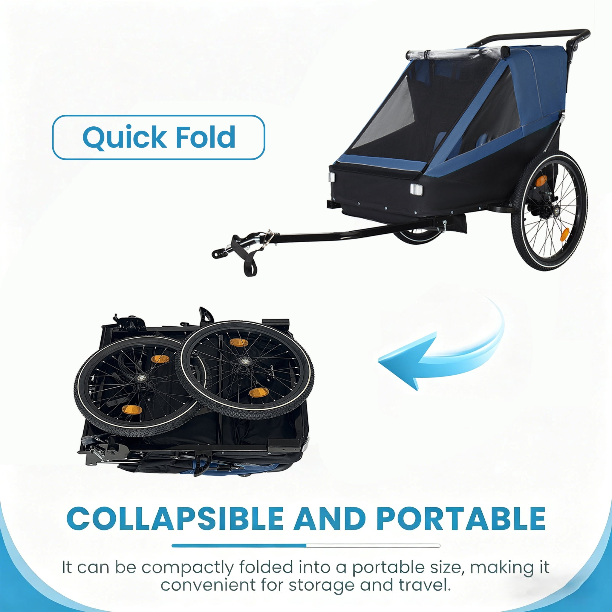 2 in 1 Kids Bike Trailer and Stroller for 1 to 2 Children, Jogging Function, Foldable Compact Storage with Universal Bike Hitch, 5-Point Harness and Storage Bags, Dark Blue
