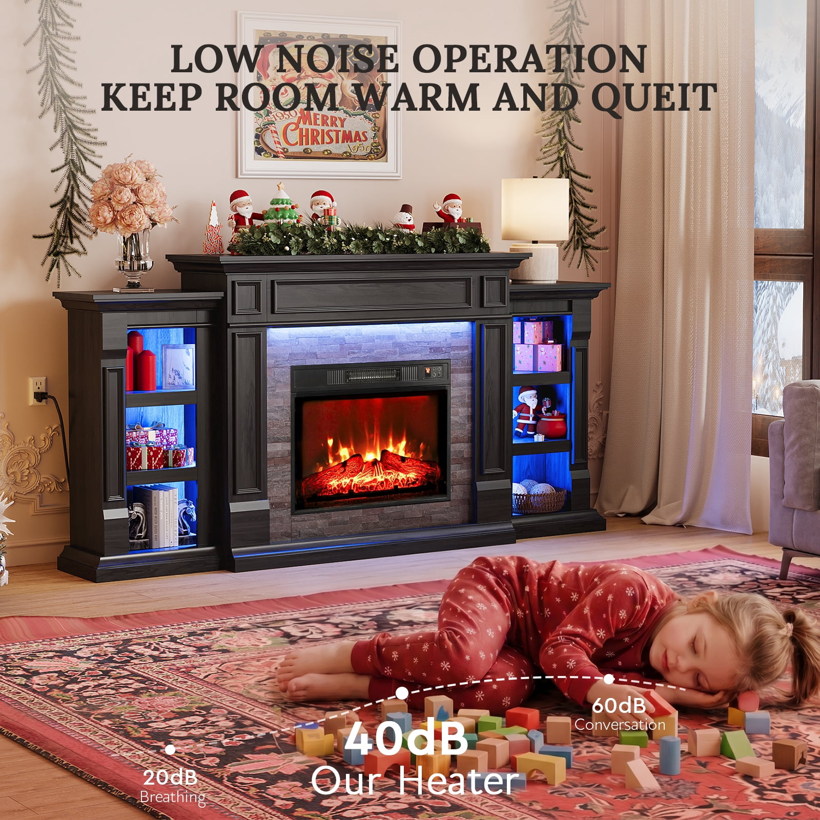 LGHM 72" Electric Fireplace TV Stand with Mantel, Farmhouse Entertainment Center for TVs up to 80" with LED Light, Black