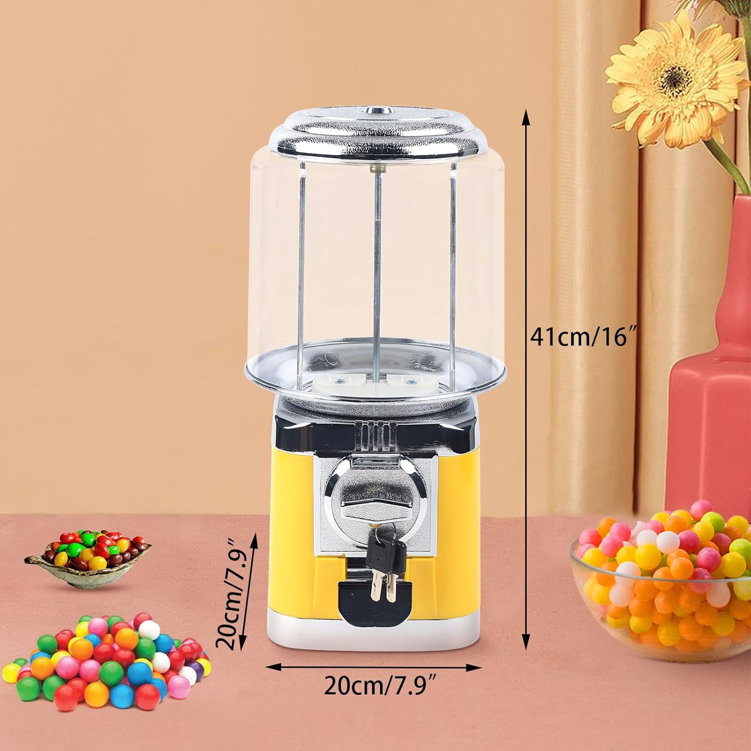 Miumaeov Candy Machine with Coin Slot - 25 Cent Yellow Vending Machine for Kids, Arcade, Retail Stores,200+ Capacity (7.9*7.9*16in)