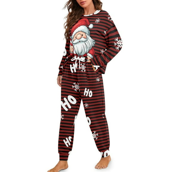 DISNIMO Santa Claus Snowflake Print Pajama Set for Women 2 Pcs Pj Sets Casual Fashion Sleepwear with Pocket Long Sleeve Nightwear with Long Pants Round Neck Lounge Set, S