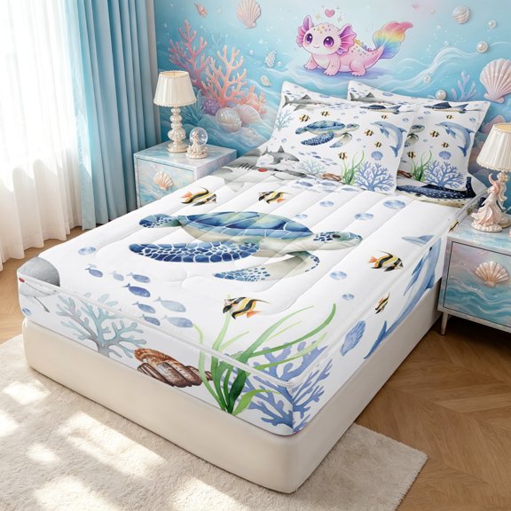 Manfei Cute Sea Turtle Zipper Twin Comforter Sets with Fitted Sheet and 2 Pillowcases, Watercolor Ocean Shark Zipper Bedding Set, Blue Gray, Gray Reversible, 4-Piece