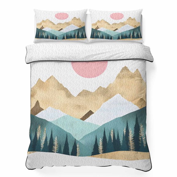 Pink Sun 3 Piece Quilt Bedding Set with 2 Pillow Shams, Gold Mountain Lightweight Bedspread Coverlet, Soft Breathable All Season Quilt, 79 x 90 Inch