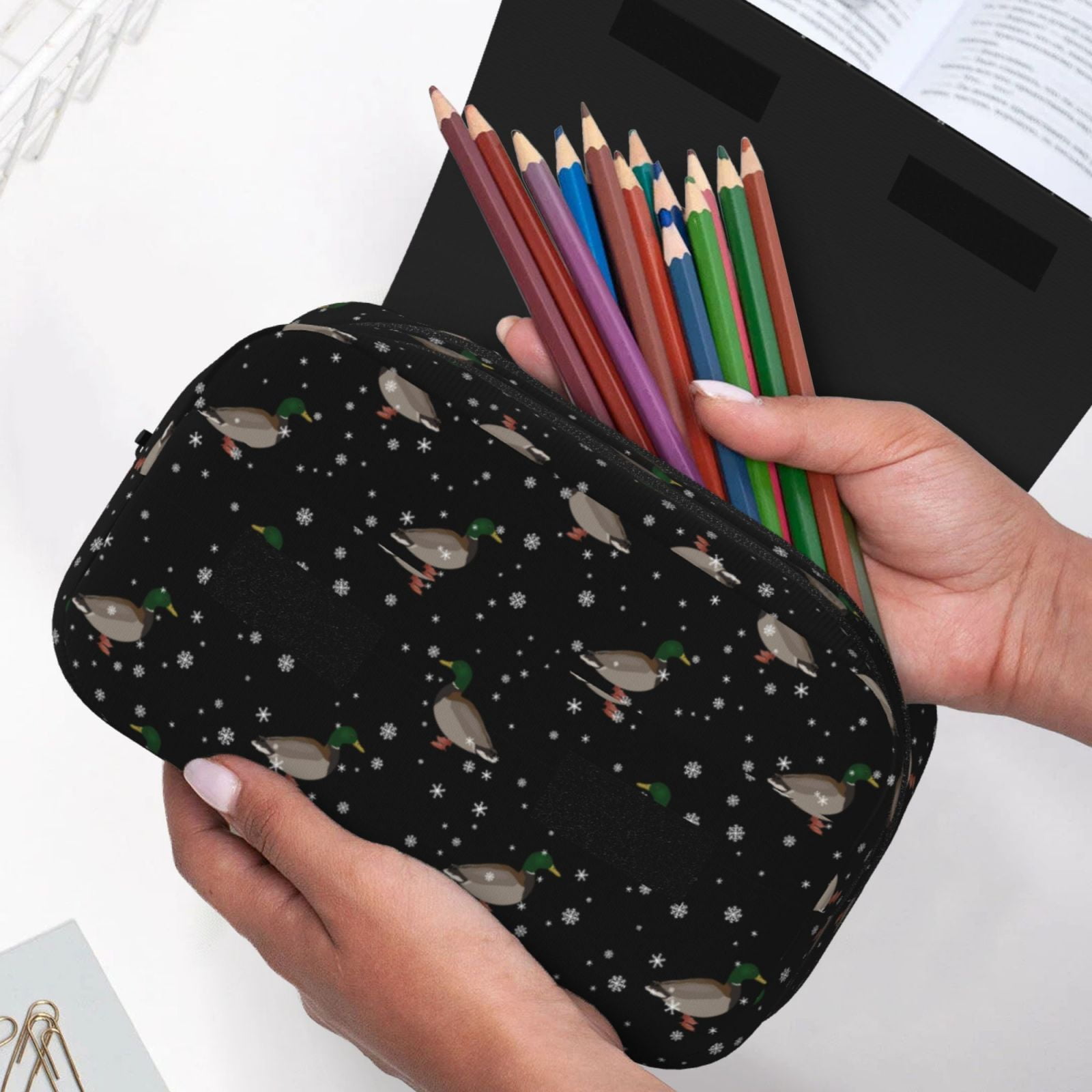 Rateoe Mallards And Snowflakes Pattern Double Clamshell Pen Case, Storage Organizer with Two Zipper Compartments– Holds Up to 50 Pencils & Pens