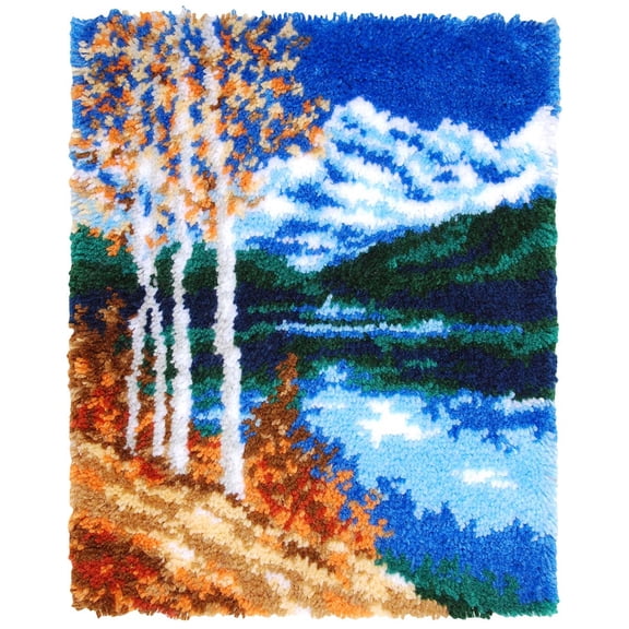 Autumn Birch Lake Landscape Latch Hook Kit, DIY Nature Scenery Handmade Rug Decor