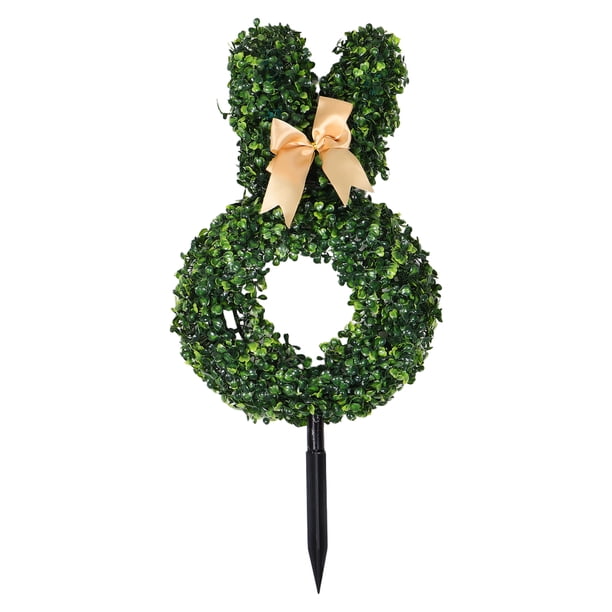 Topiario de conejo de Pascua con lazo, planta artificial realista de conejo, árbol topiario de simulación de festival con estaca para decoración de Pascua.