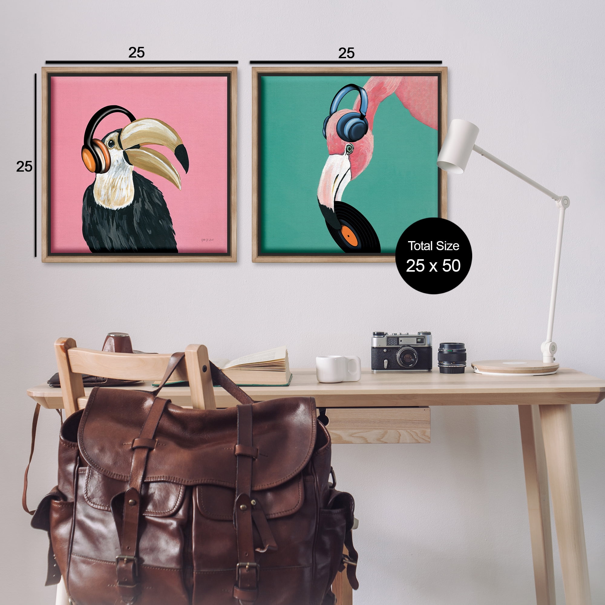 Stupell Industries Toucan and Flamingo Musical Pals Animals Painting Brown Floater Framed Canvas Art Print Wall Art, 25 x 25, Set of 2