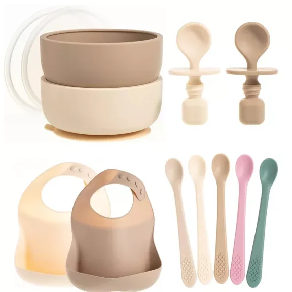 Baby Feeding Set, Silicone Bib, Bowl & Spoons for Self-Feeding First Stage Baby Essentials – Gum Friendly, BPA-Free, Easy to Clean & Safe for Babies, Tan