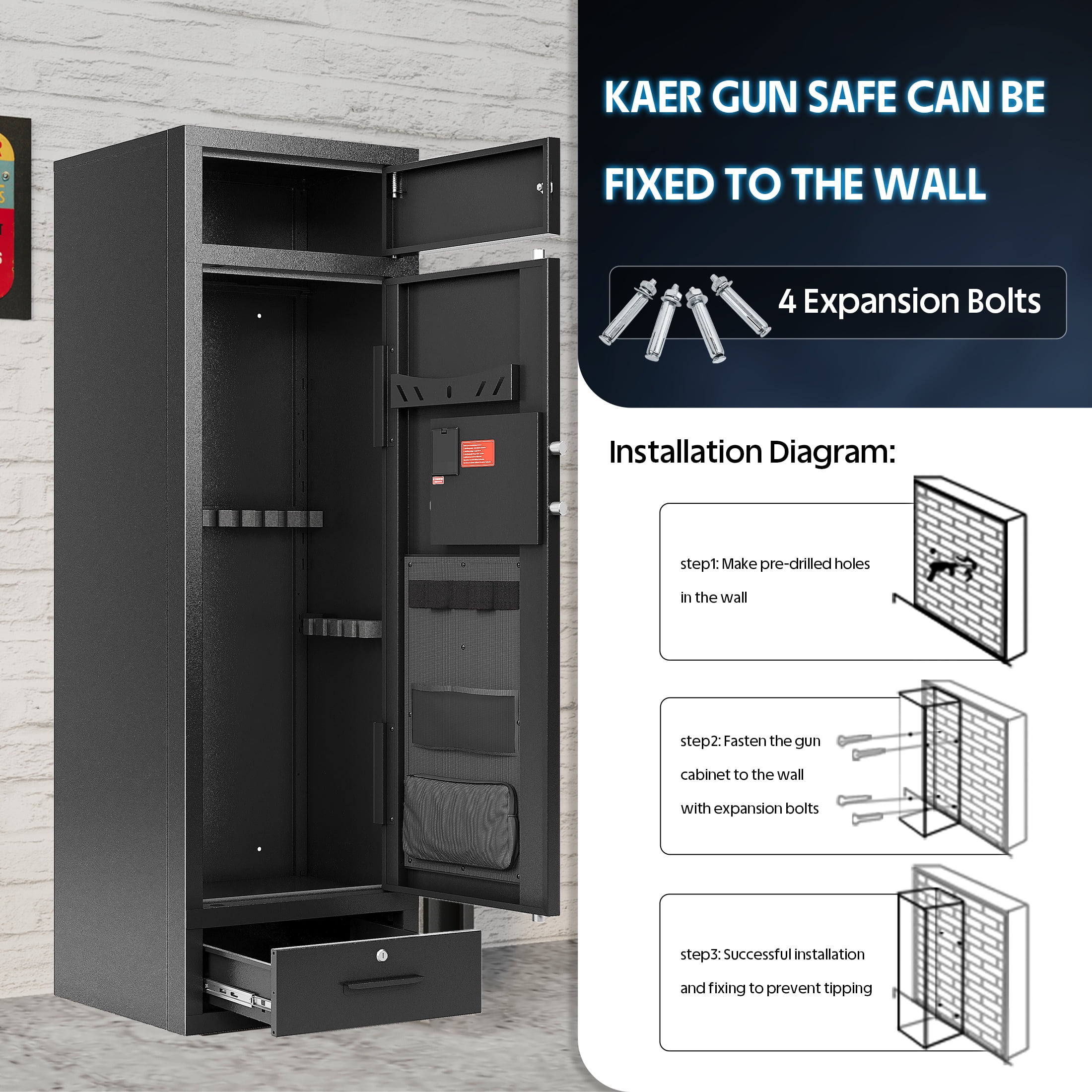 KAER 8-10 Gun Safe, Large Unassembled Rifle Safe for Home, Gun Cabinet with Adjustable Rifle Rack and Drawer