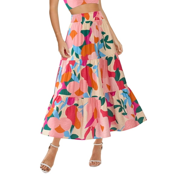 Women’s High Waist Maxi Skirt with Leaf Print Elastic Waistband Tiered Flowy A Line Long Skirt for Casual Wear Hot Pink S
