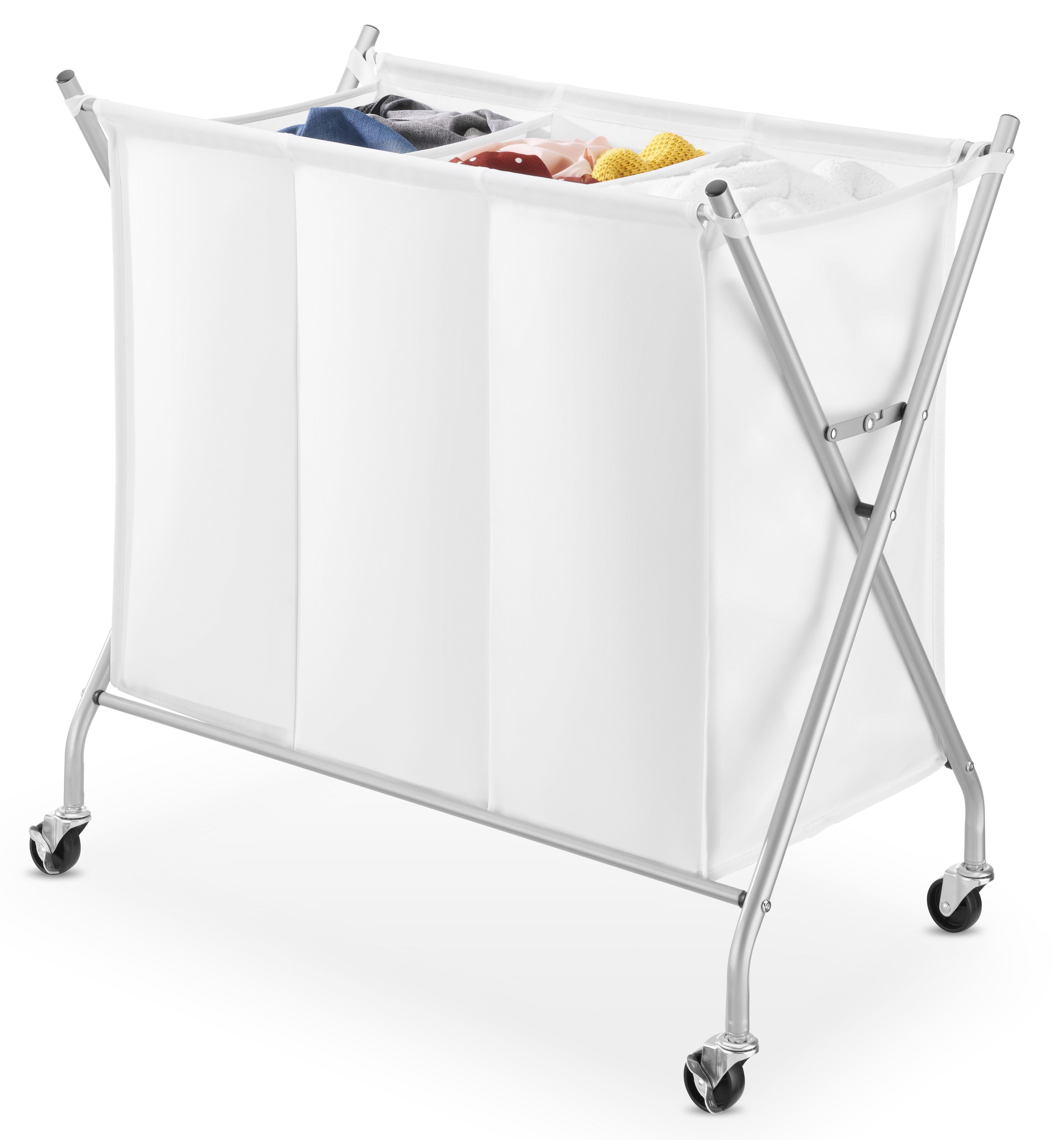 Whitmor silver collapsible 3-section laundry sorter with heavy-duty wheels