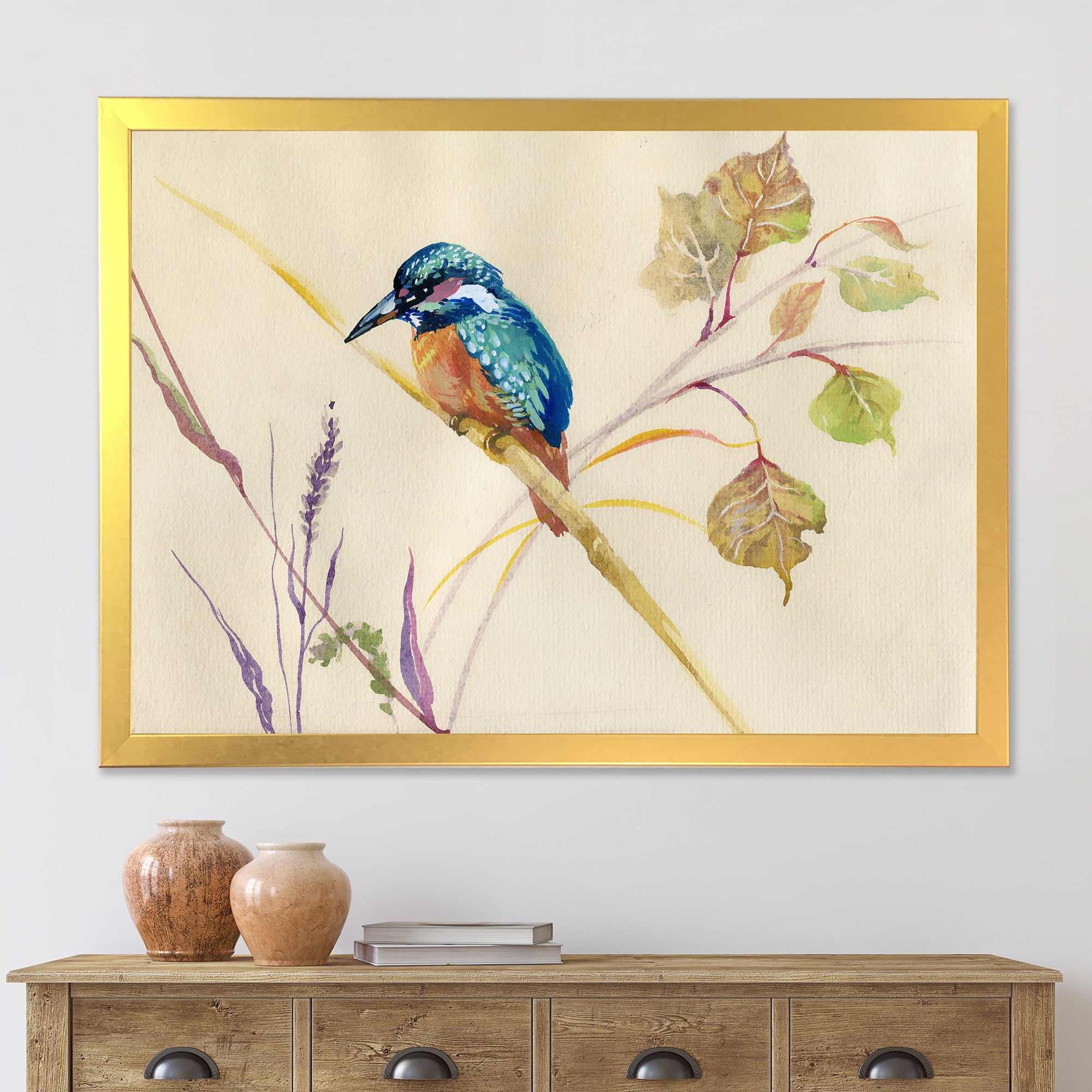 Designart 'Common Kingfisher Bird On Branch' Traditional Framed Art Print