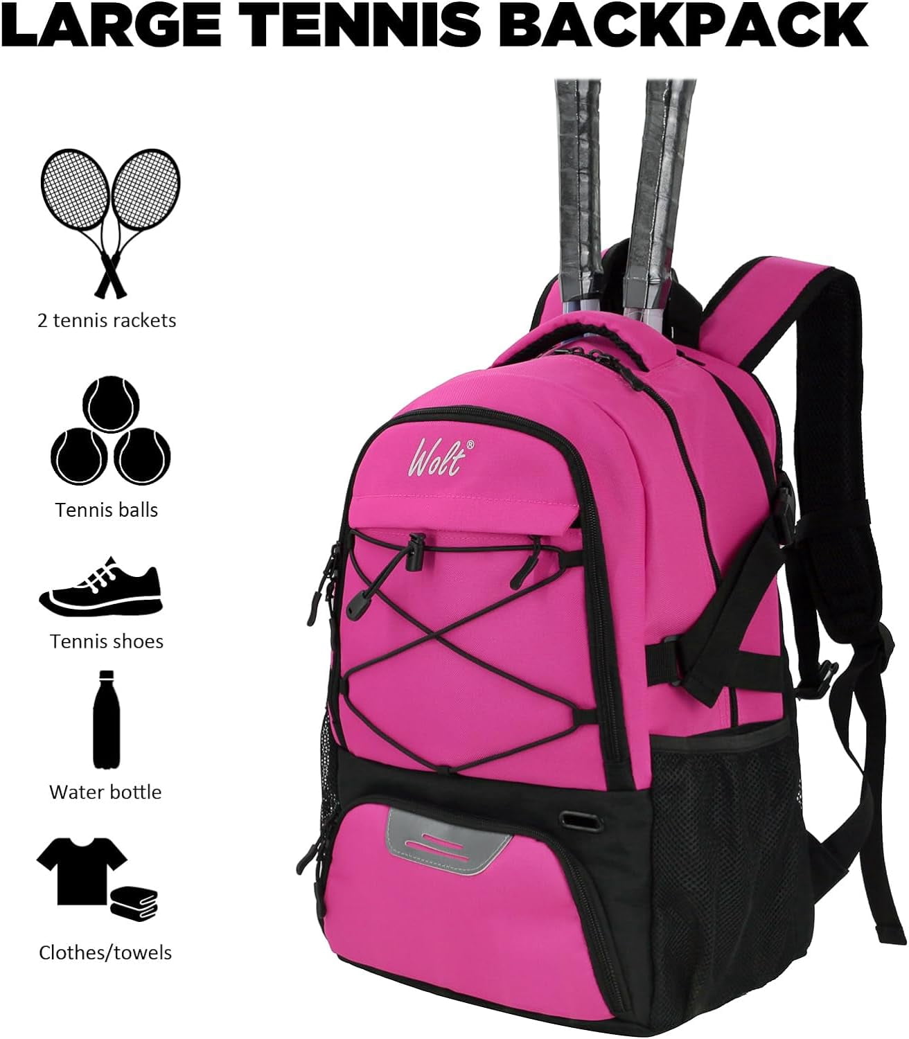 WOLT | Tennis Racket Sports Backpack Bag--34L Capacity Polyester with Ventilated Shoe Compartment Pink