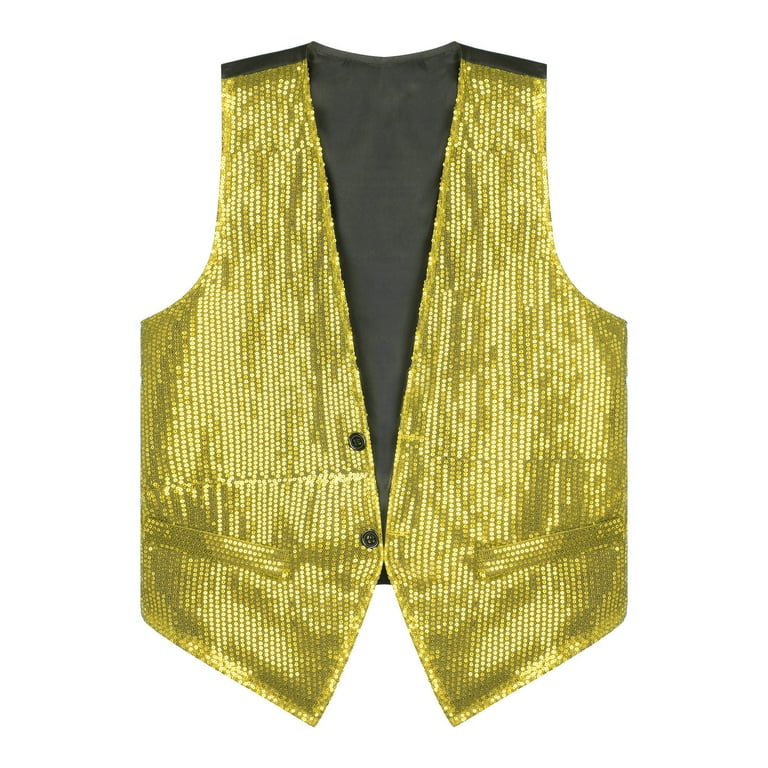 MSemis Glitter Sequins Waistcoat Open Front Jacket Sleeveless Coat Suit  Vest Tops Costume Gold 4XL