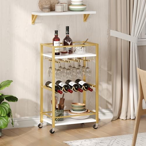 Bar Cart for Home, Mini Rolling Wine Cart, 3 Tier Serving Cart, Kitchen Storage Cart with Wine Rack and Glass Holders, for Kitchen, Dining Room, Living Room, Gold and White RCJW9301$$Furniture