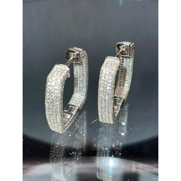 2.20Ct Round Cut Diamonds Huggie Square Hoop Silver Earrings 14K White Gold Finish